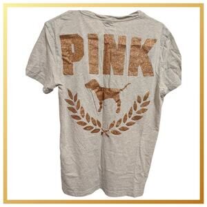 Victoria's Secret PINK White Campus T-shirt with Gold Glitter Dog Logo Women's M